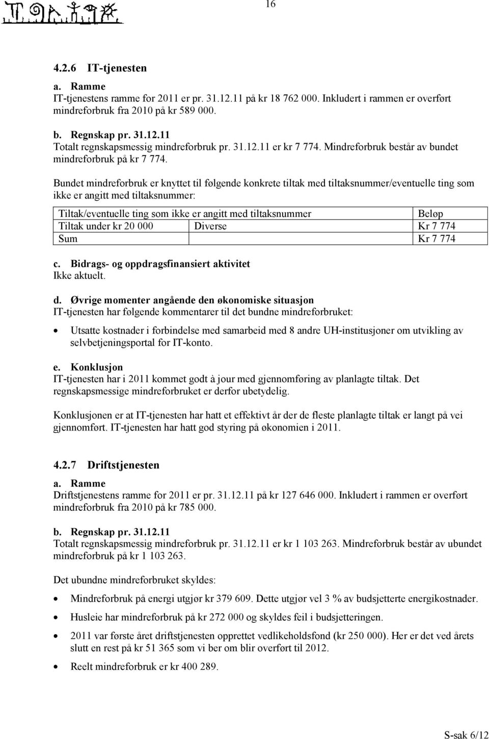 Bundet mindreforbruk er knyttet til følgende konkrete tiltak med tiltaksnummer/eventuelle ting som ikke er angitt med tiltaksnummer: Tiltak/eventuelle ting som ikke er angitt med tiltaksnummer Beløp