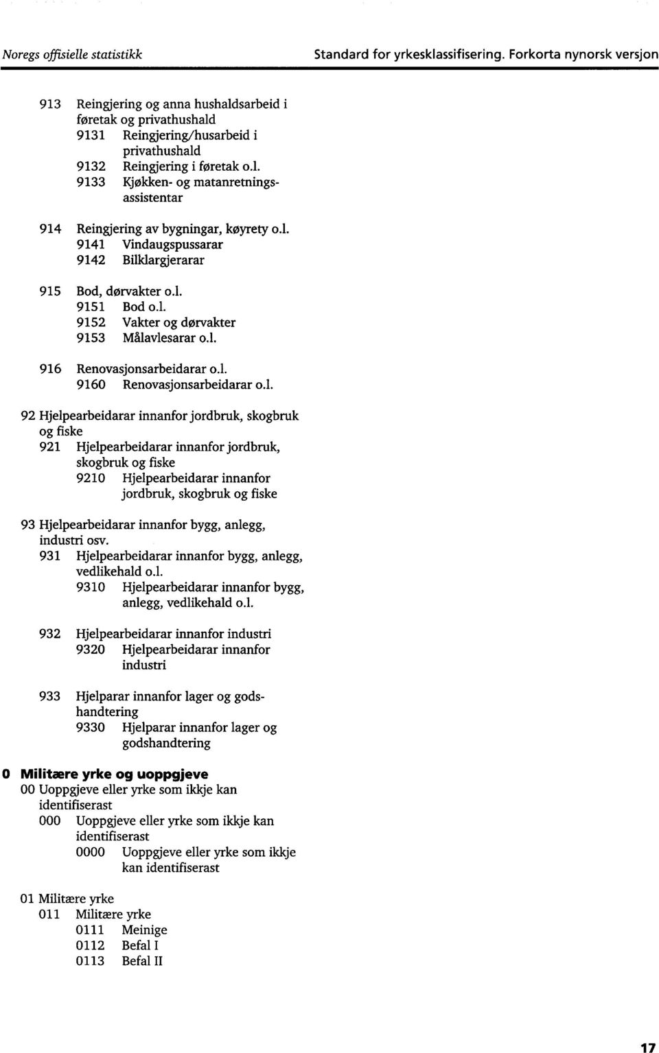 l. 9141 Vindaugspussarar 9142 Bilklargjerarar 915 Bod, dørvakter o.l. 9151 Bod o.l. 9152 Vakter og dørvakter 9153 Målavlesarar o.l. 916 Renovasjonsarbeidarar o.l. 9160 Renovasjonsarbeidarar o.l. 92