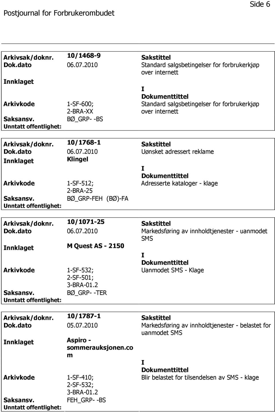 10/1768-1 Sakstittel Dok.dato 06.07.2010 ønsket adressert reklame nnklaget Klingel 1-SF-512; 2-BRA-25 Adresserte kataloger - klage BØ_GRP-FEH (BØ)-FA Arkivsak/doknr. 10/1071-25 Sakstittel Dok.dato 06.07.2010 Markedsføring av innholdtjenester - uanmodet SMS nnklaget M Quest AS - 2150 1-SF-532; 2-SF-501; 3-BRA-01.