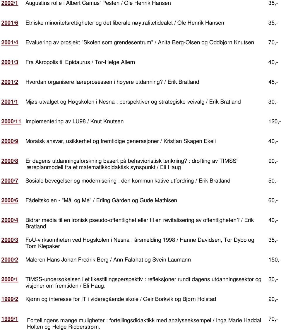 / Erik Bratland 45,- 2001/1 Mjøs-utvalget og Høgskolen i Nesna : perspektiver og strategiske veivalg / Erik Bratland 30,- 2000/11 Implementering av LU98 / Knut Knutsen 120,- 2000/9 Moralsk ansvar,