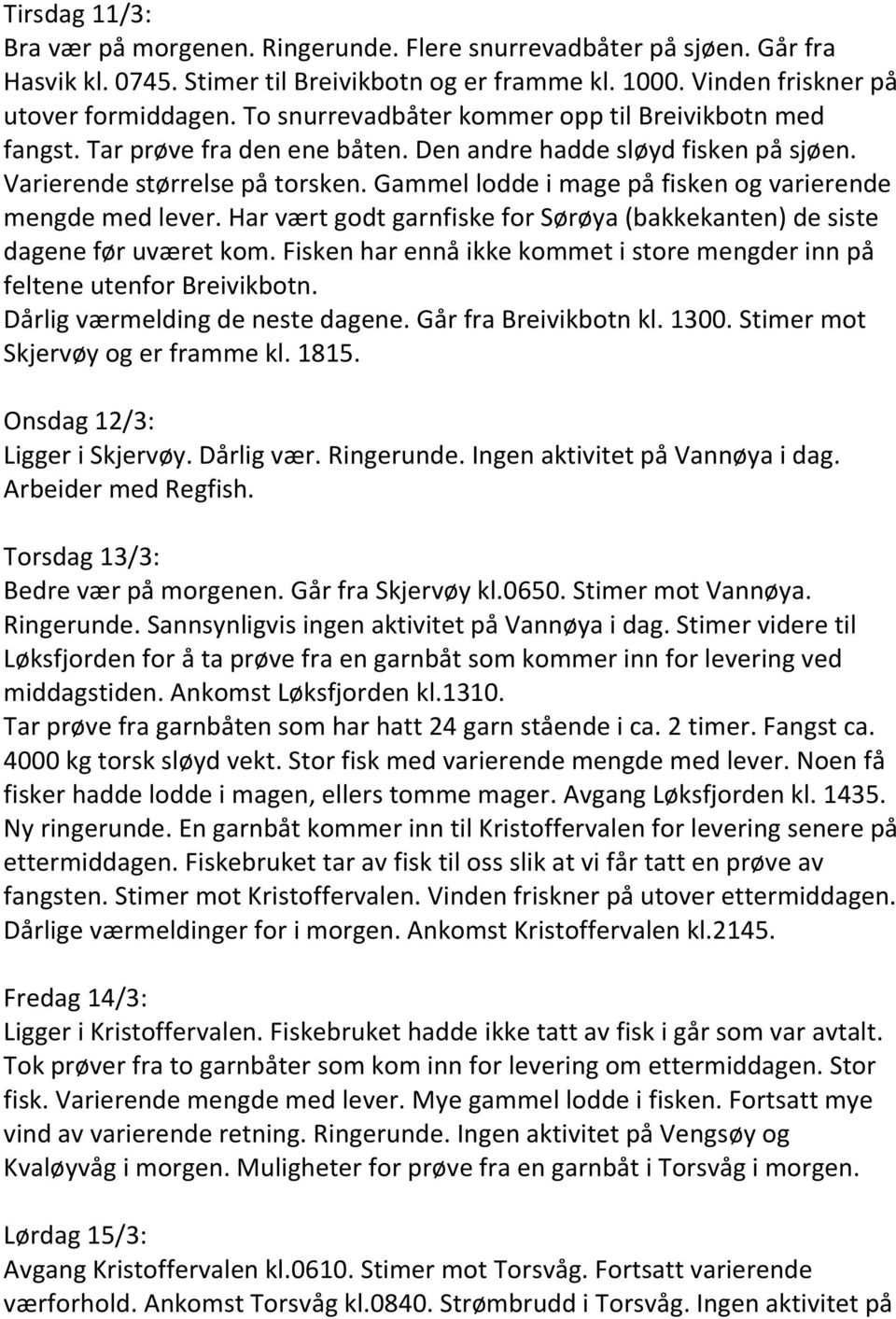 Gammel lodde i mage på fisken og varierende mengde med lever. Har vært godt garnfiske for Sørøya (bakkekanten) de siste dagene før uværet kom.