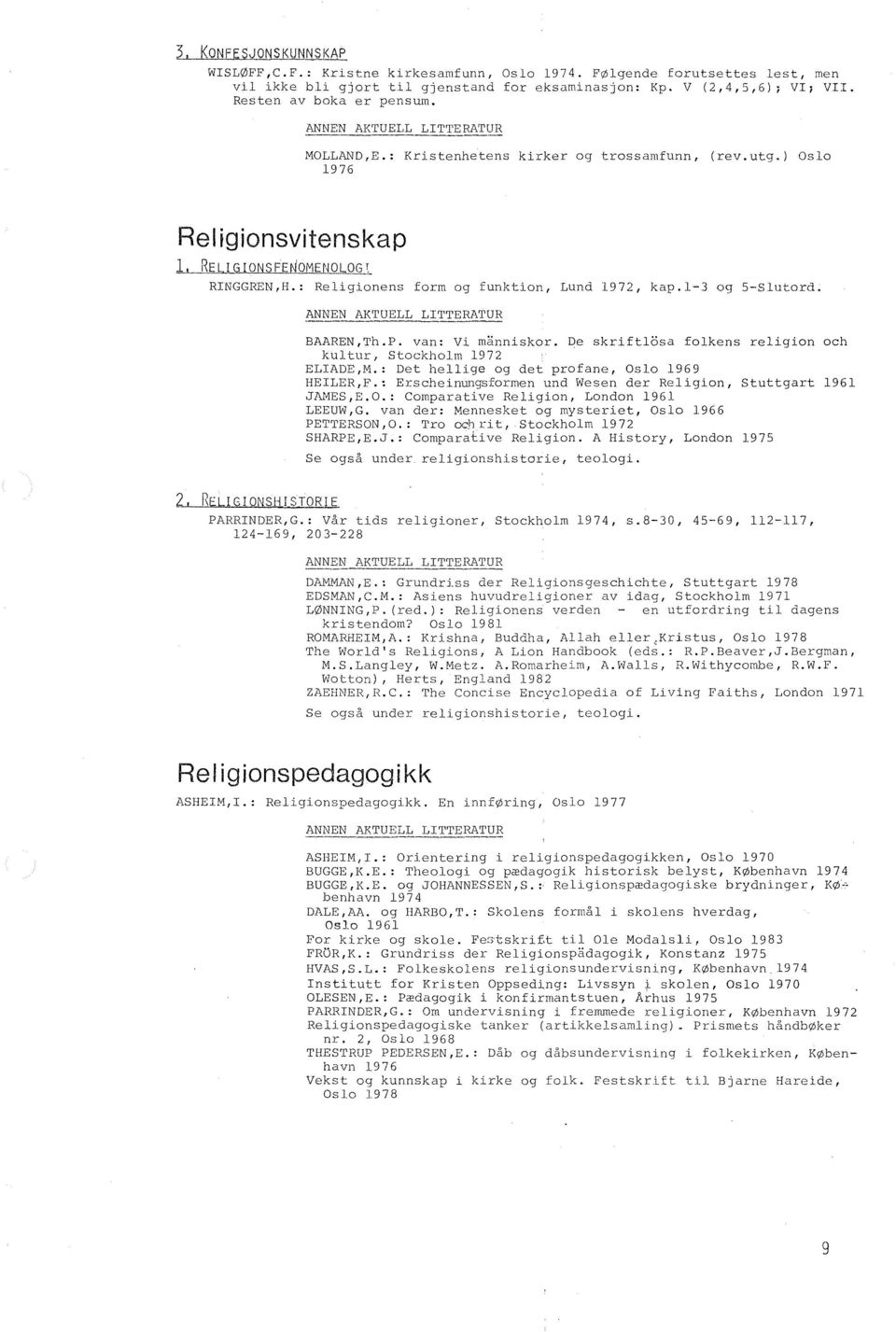 1-3 og 5-S1utord. BAAREN,Th.P. van: Vi manniskor. De skriftlosa folkens religion och kultur, Stockholm 1972 ELIADE,M.: Det hellige og det profane, Oslo 1969 HEII,ER,F.