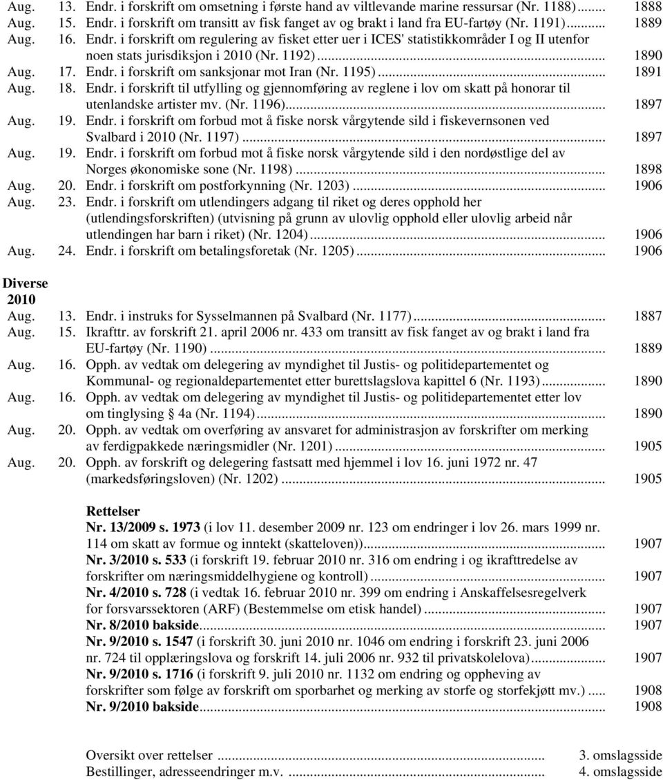 1195)... 1891 Aug. 18. Endr. i forskrift til utfylling og gjennomføring av reglene i lov om skatt på honorar til utenlandske artister mv. (Nr. 1196)... 1897 Aug. 19. Endr. i forskrift om forbud mot å fiske norsk vårgytende sild i fiskevernsonen ved Svalbard i 2010 (Nr.