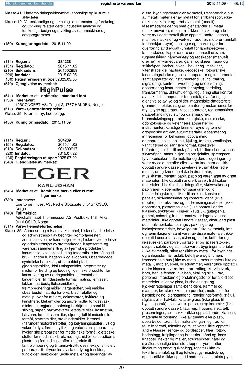 : 284238 (151) Reg.dato.: 2015.11.02 (210) Søknadsnr.: 201502959 (220) Inndato: 2015.03.05 (180) Registreringen 2025.03.05 HighPulse 123CONCEPT AS, Torget 2, 1767 HALDEN, Klasse 25 Klær, fottøy, hodeplagg.