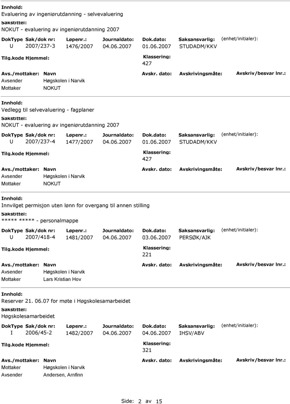 2007 TDADM/KKV 427 Høgskolen i Narvik Mottaker NOKT nnhold: nnvilget permisjon uten lønn for overgang til annen stilling ***** ***** - personalmappe 2007/418-4 1481/2007