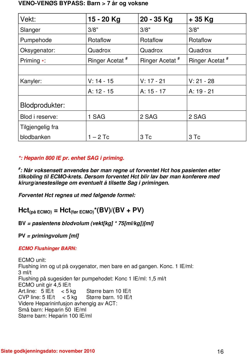 800 IE pr. enhet SAG i priming. # : Når voksensett anvendes bør man regne ut forventet Hct hos pasienten etter tilkobling til ECMO-krets.