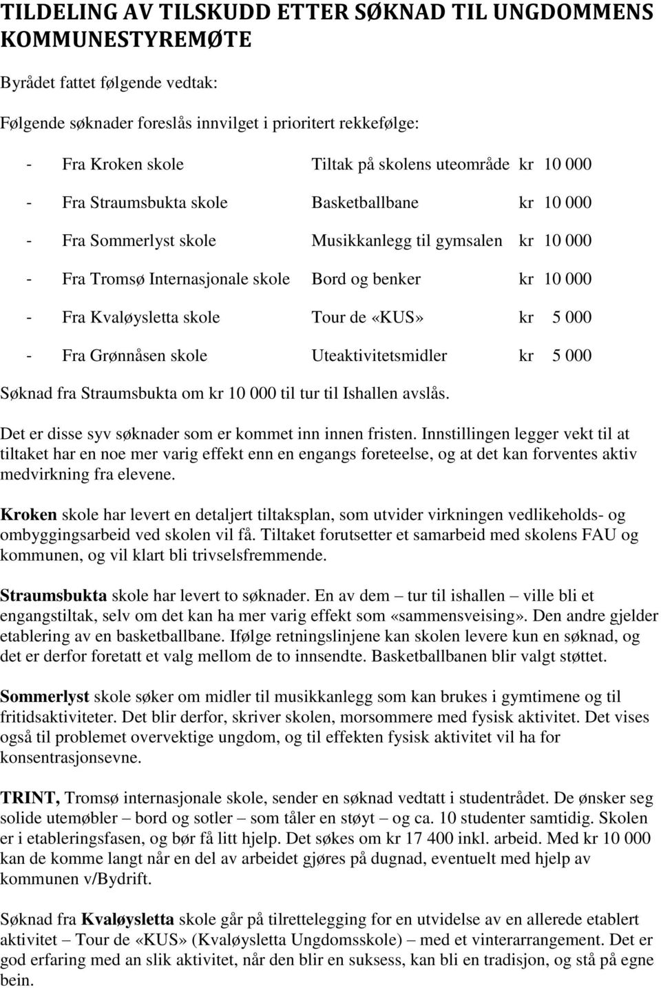 Kvaløysletta skole Tour de «KUS» kr 5 000 - Fra Grønnåsen skole Uteaktivitetsmidler kr 5 000 Søknad fra Straumsbukta om kr 10 000 til tur til Ishallen avslås.