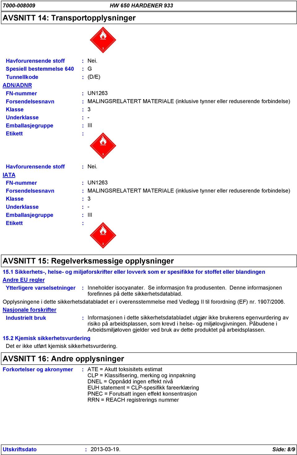 IATA FN-nummer UN1263 Forsendelsesnavn MALINGSRELATERT MATERIALE (inklusive tynner eller reduserende forbindelse) Klasse 3 Underklasse - Emballasjegruppe Etikett Nei.