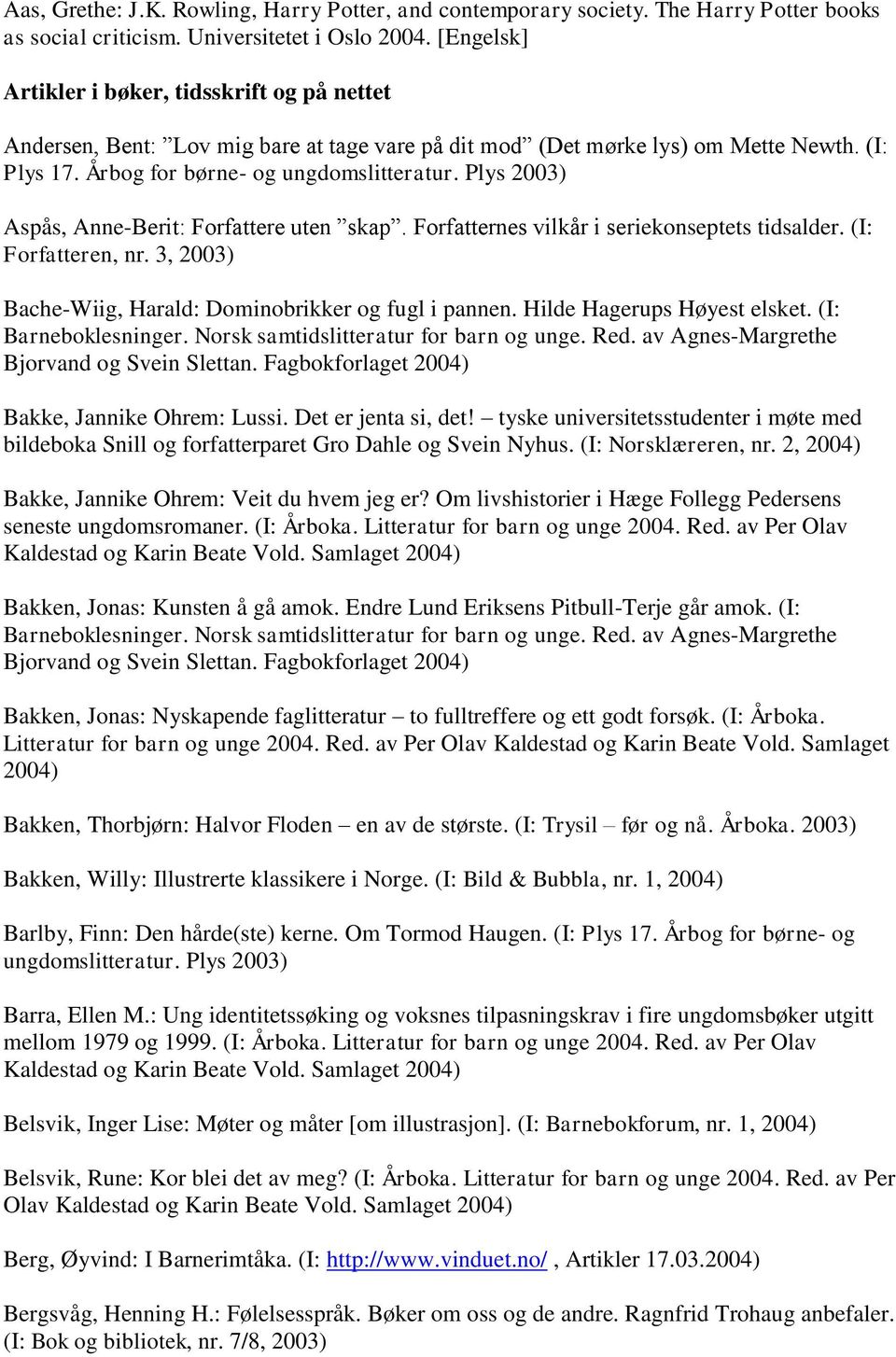 Plys 2003) Aspås, Anne-Berit: Forfattere uten skap. Forfatternes vilkår i seriekonseptets tidsalder. (I: Forfatteren, nr. 3, 2003) Bache-Wiig, Harald: Dominobrikker og fugl i pannen.