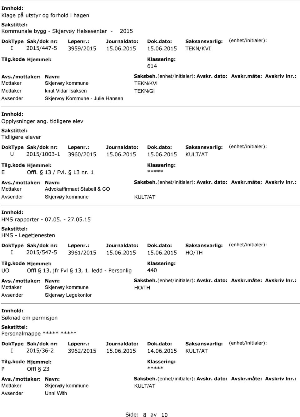 /mottaker: Navn: Saksbeh. Avskr. dato: Avskr.måte: Avskriv lnr.: Advokatfirmaet Stabell & CO HMS rapporter - 07.05. - 27.05.15 HMS - Legetjenesten 2015/547-5 3961/2015 O 440 Avs.