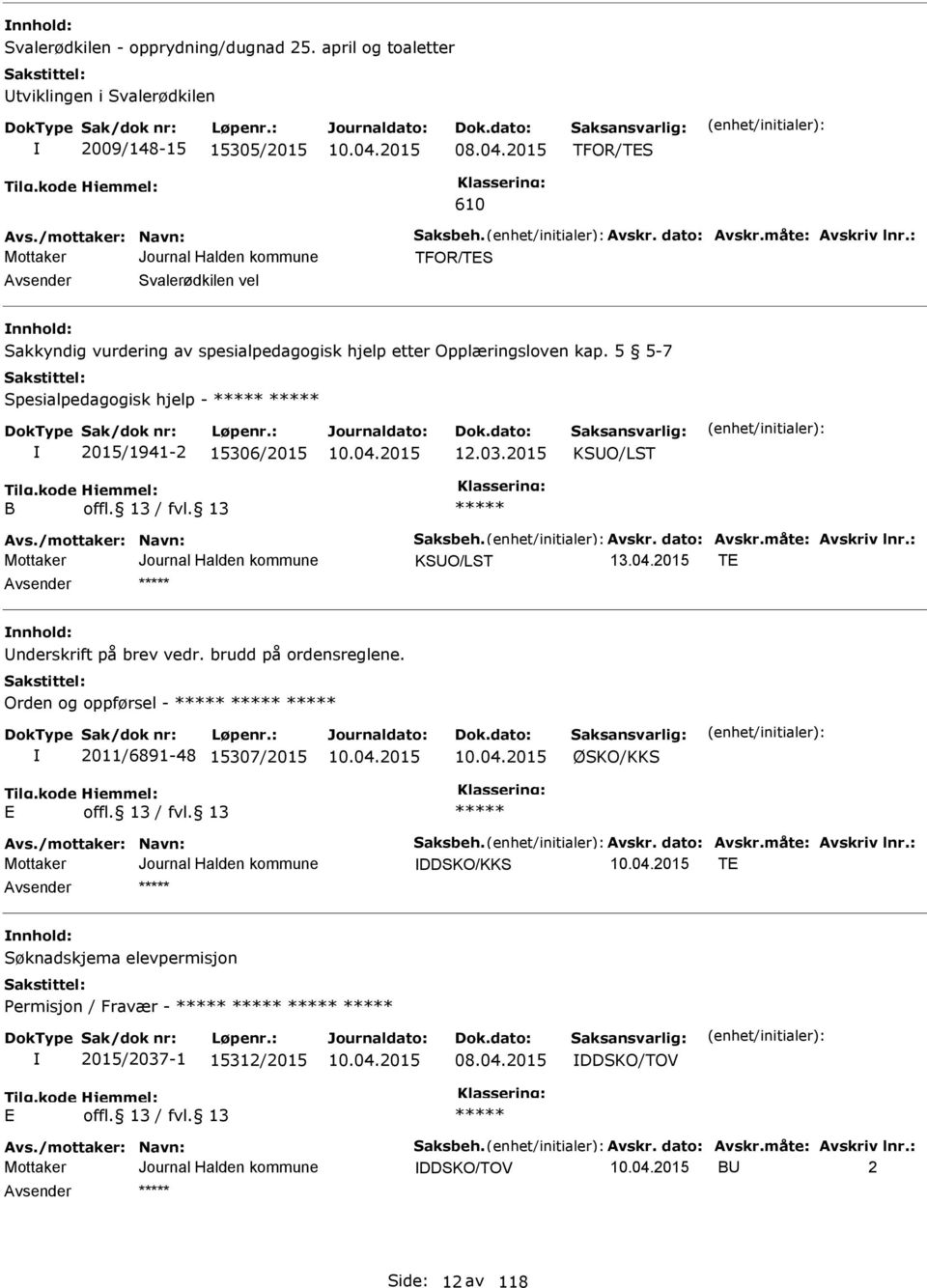 2015 KSUO/LST B Avs./mottaker: Navn: Saksbeh. Avskr. dato: Avskr.måte: Avskriv lnr.: KSUO/LST T nnhold: Underskrift på brev vedr. brudd på ordensreglene.