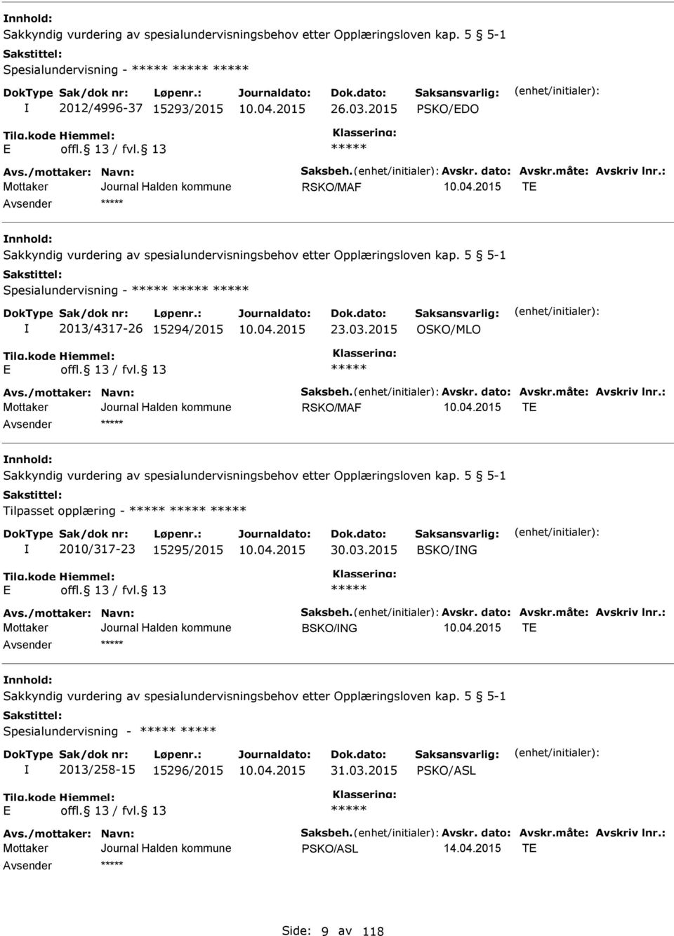 2015 OSKO/MLO Avs./mottaker: Navn: Saksbeh. Avskr. dato: Avskr.måte: Avskriv lnr.: RSKO/MAF T nnhold: Sakkyndig vurdering av spesialundervisningsbehov etter Opplæringsloven kap.