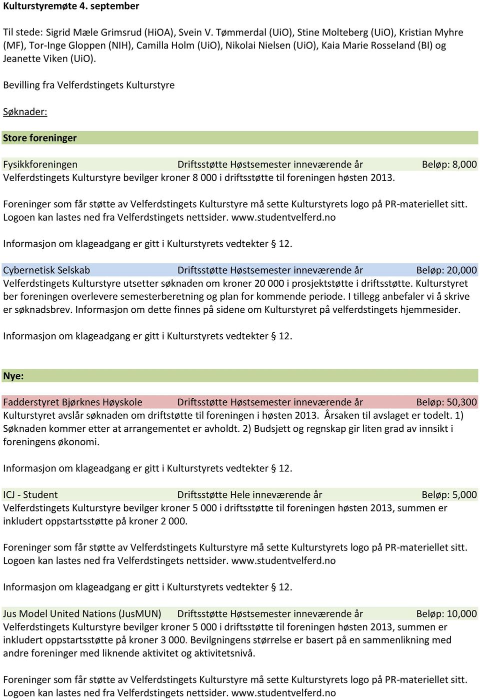 Bevilling fra Velferdstingets Kulturstyre Søknader: Store foreninger Fysikkforeningen Driftsstøtte Høstsemester inneværende år Beløp: 8,000 Velferdstingets Kulturstyre bevilger kroner 8 000 i