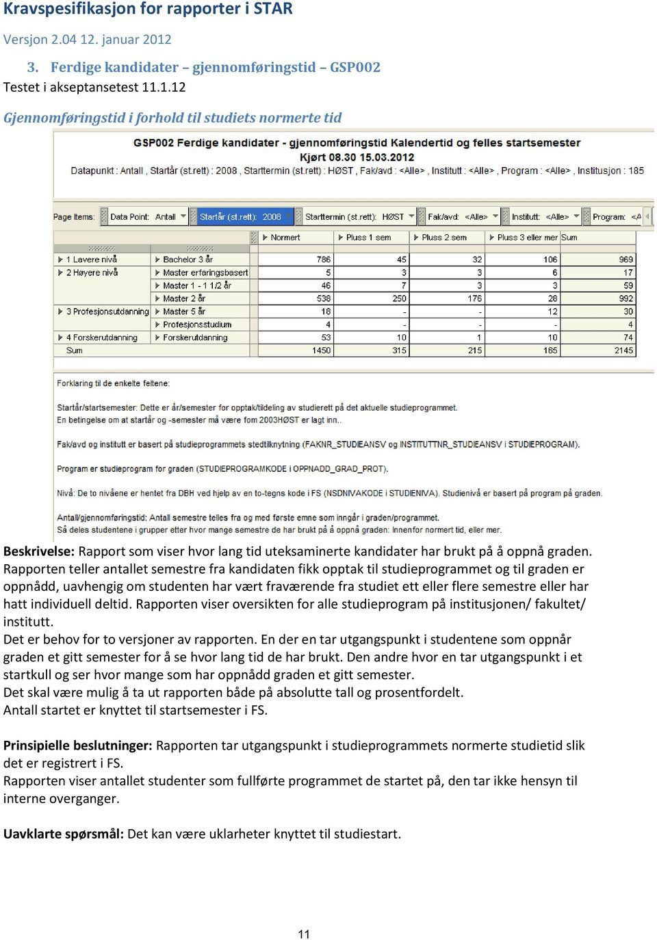 Rapporten teller antallet semestre fra kandidaten fikk opptak til studieprogrammet og til graden er oppnådd, uavhengig om studenten har vært fraværende fra studiet ett eller flere semestre eller har