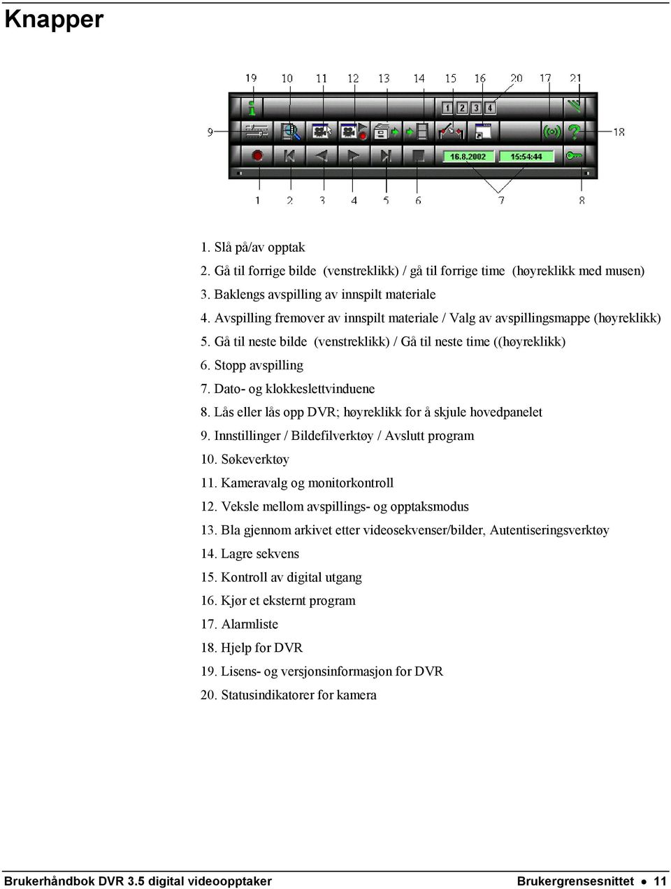 Dato- og klokkeslettvinduene 8. Lås eller lås opp DVR; høyreklikk for å skjule hovedpanelet 9. Innstillinger / Bildefilverktøy / Avslutt program 10. Søkeverktøy 11. Kameravalg og monitorkontroll 12.