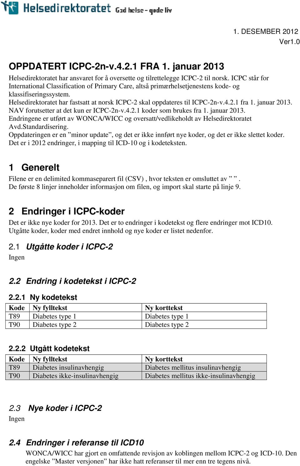 2.1 fra 1. januar 2013. NAV forutsetter at det kun er ICPC-2n-v.4.2.1 koder som brukes fra 1. januar 2013. Endringene er utført av WONCA/WICC og oversatt/vedlikeholdt av Helsedirektoratet Avd.