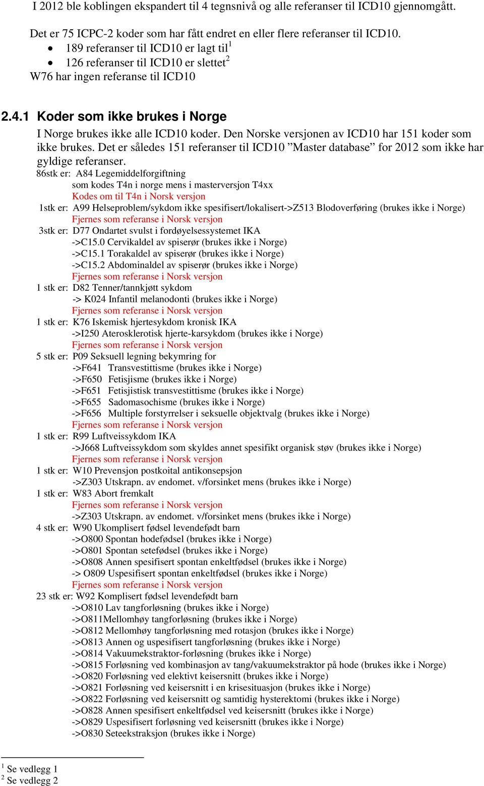 Den Norske versjonen av ICD10 har 151 koder som ikke brukes. Det er således 151 referanser til ICD10 Master database for 2012 som ikke har gyldige referanser.