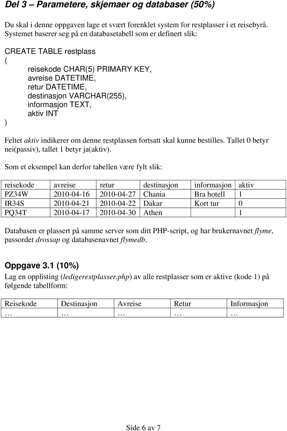 aktiv INT ) Feltet aktiv indikerer om denne restplassen fortsatt skal kunne bestilles. Tallet 0 betyr nei(passiv), tallet 1 betyr ja(aktiv).