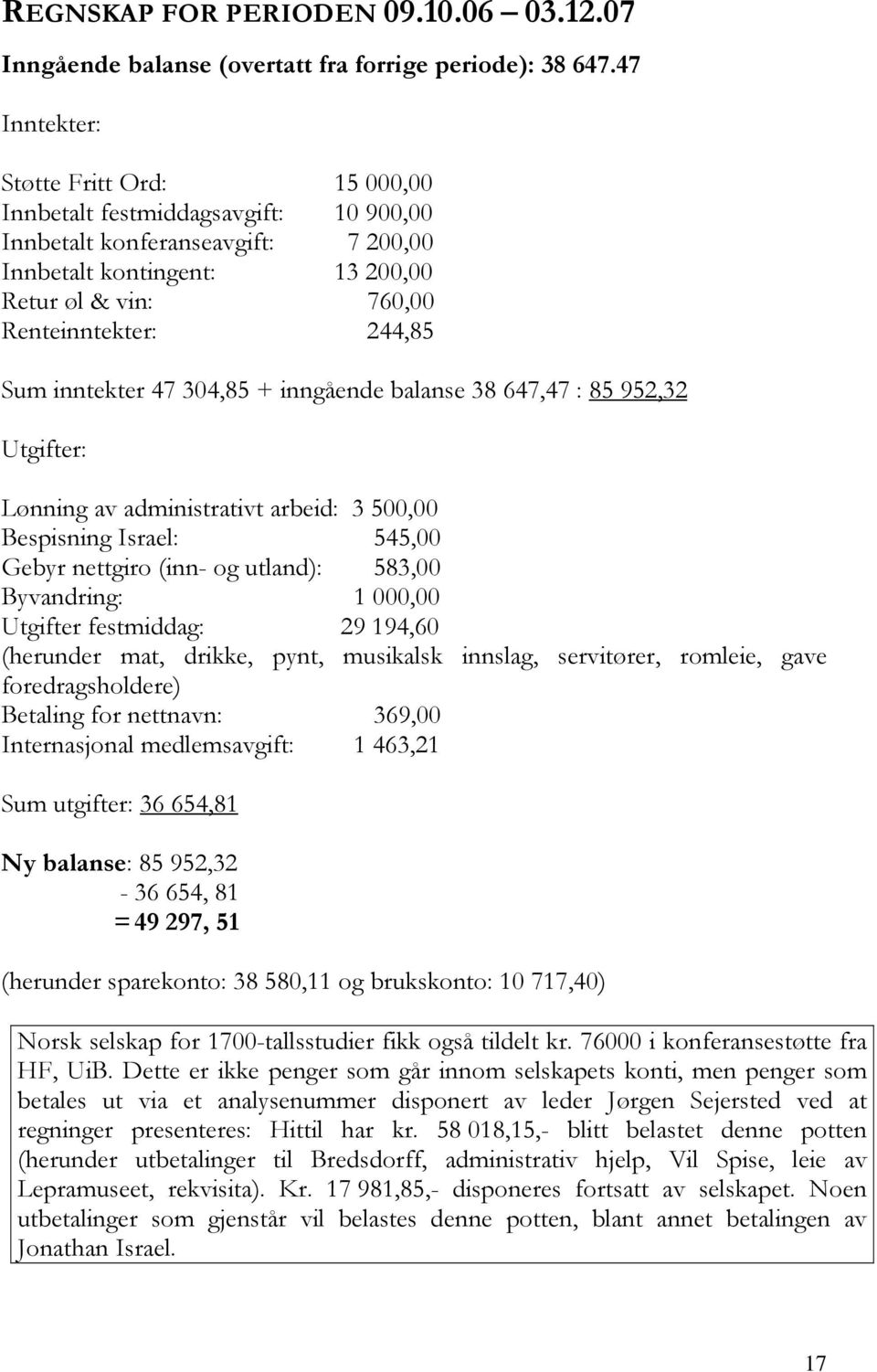 inntekter 47 304,85 + inngående balanse 38 647,47 : 85 952,32 Utgifter: Lønning av administrativt arbeid: 3 500,00 Bespisning Israel: 545,00 Gebyr nettgiro (inn- og utland): 583,00 Byvandring: 1