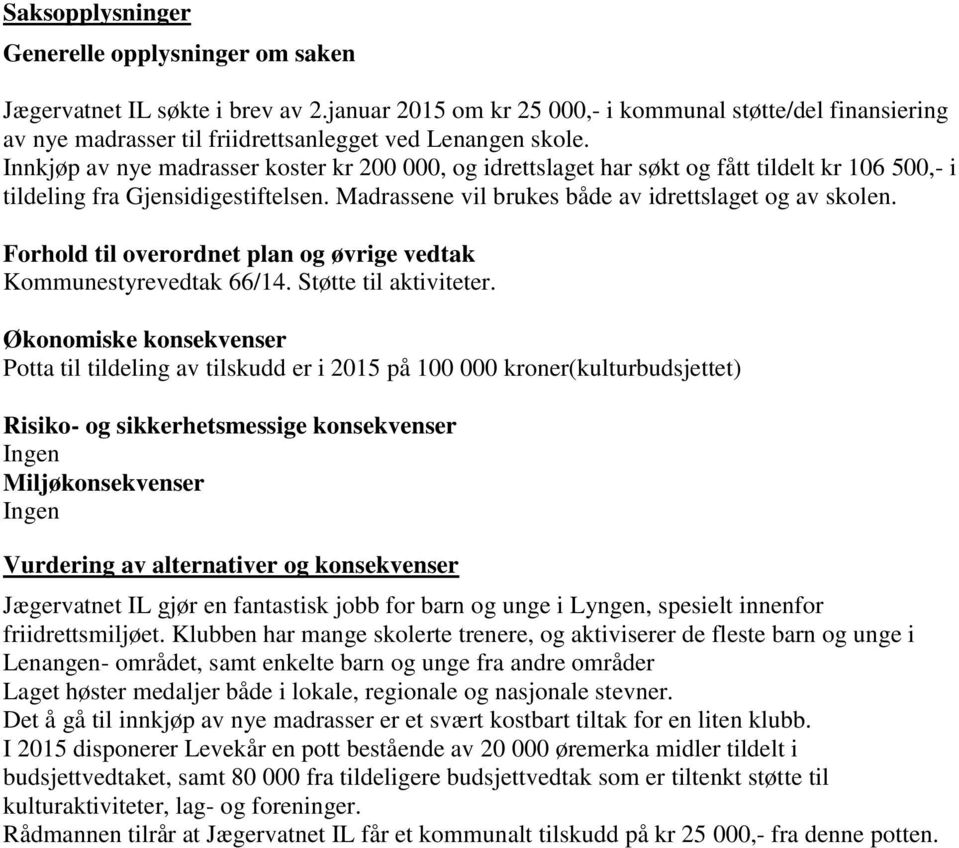 Innkjøp av nye madrasser koster kr 200 000, og idrettslaget har søkt og fått tildelt kr 106 500,- i tildeling fra Gjensidigestiftelsen. Madrassene vil brukes både av idrettslaget og av skolen.