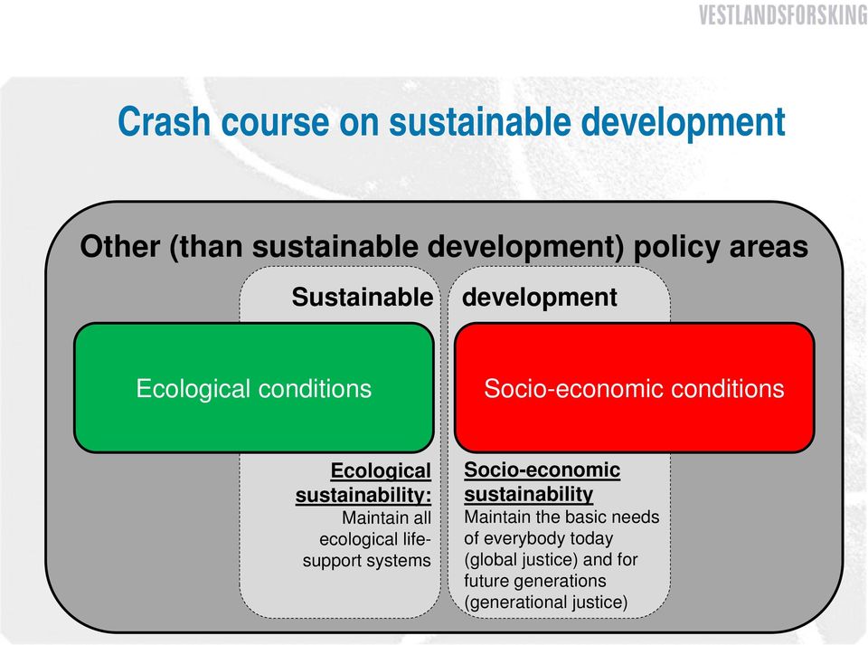 sustainability: Maintain all ecological lifesupport systems Socio-economic sustainability