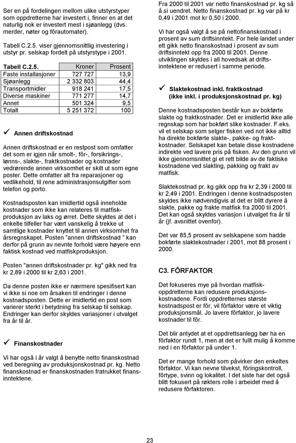 Kroner Prosent Faste installasjoner 727 727 13,9 Sjøanlegg 2 332 803 44,4 Transportmidler 918 241 17,5 Diverse maskiner 771 277 14,7 Annet 501 324 9,5 Totalt 5 251 372 100 Annen driftskostnad Annen