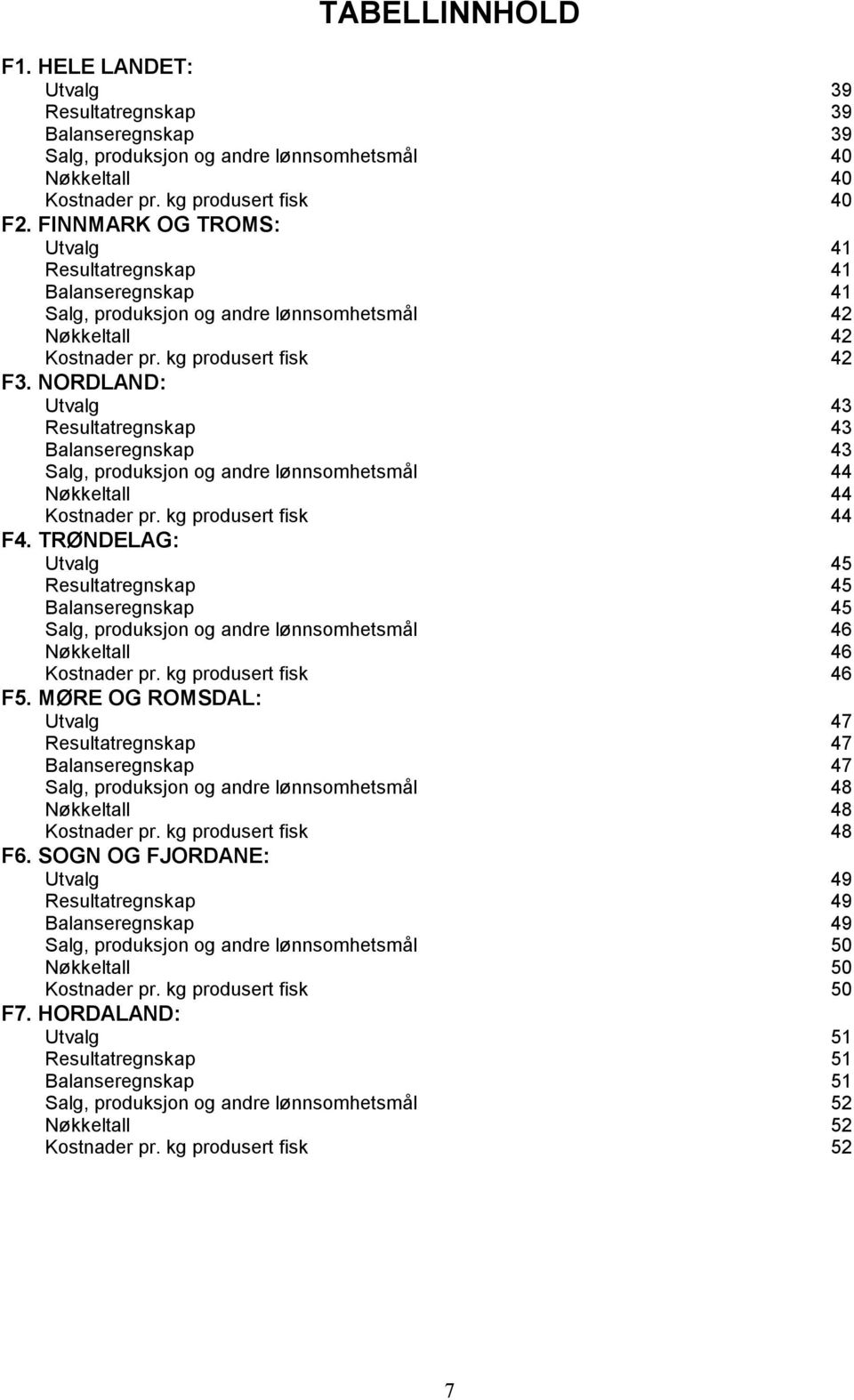 NORDLAND: Utvalg 43 Resultatregnskap 43 Balanseregnskap 43 Salg, produksjon og andre lønnsomhetsmål 44 Nøkkeltall 44 Kostnader pr. kg produsert fisk 44 F4.