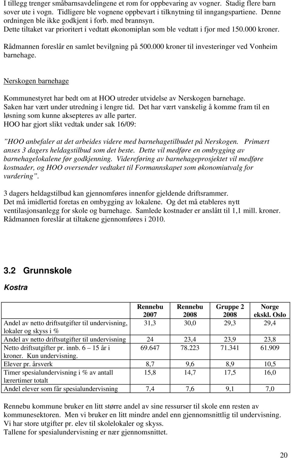 000 kroner til investeringer ved Vonheim barnehage. Nerskogen barnehage Kommunestyret har bedt om at HOO utreder utvidelse av Nerskogen barnehage. Saken har vært under utredning i lengre tid.