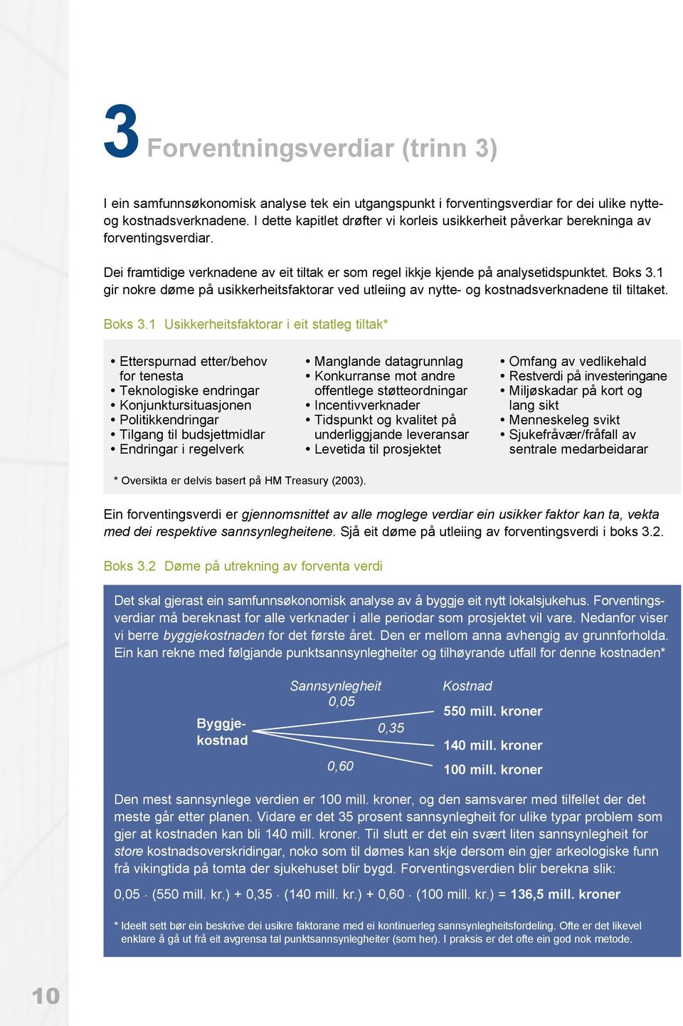 1 gir nokre døme på usikkerheitsfaktorar ved utleiing av nytte- og kostnadsverknadene til tiltaket. Boks 3.