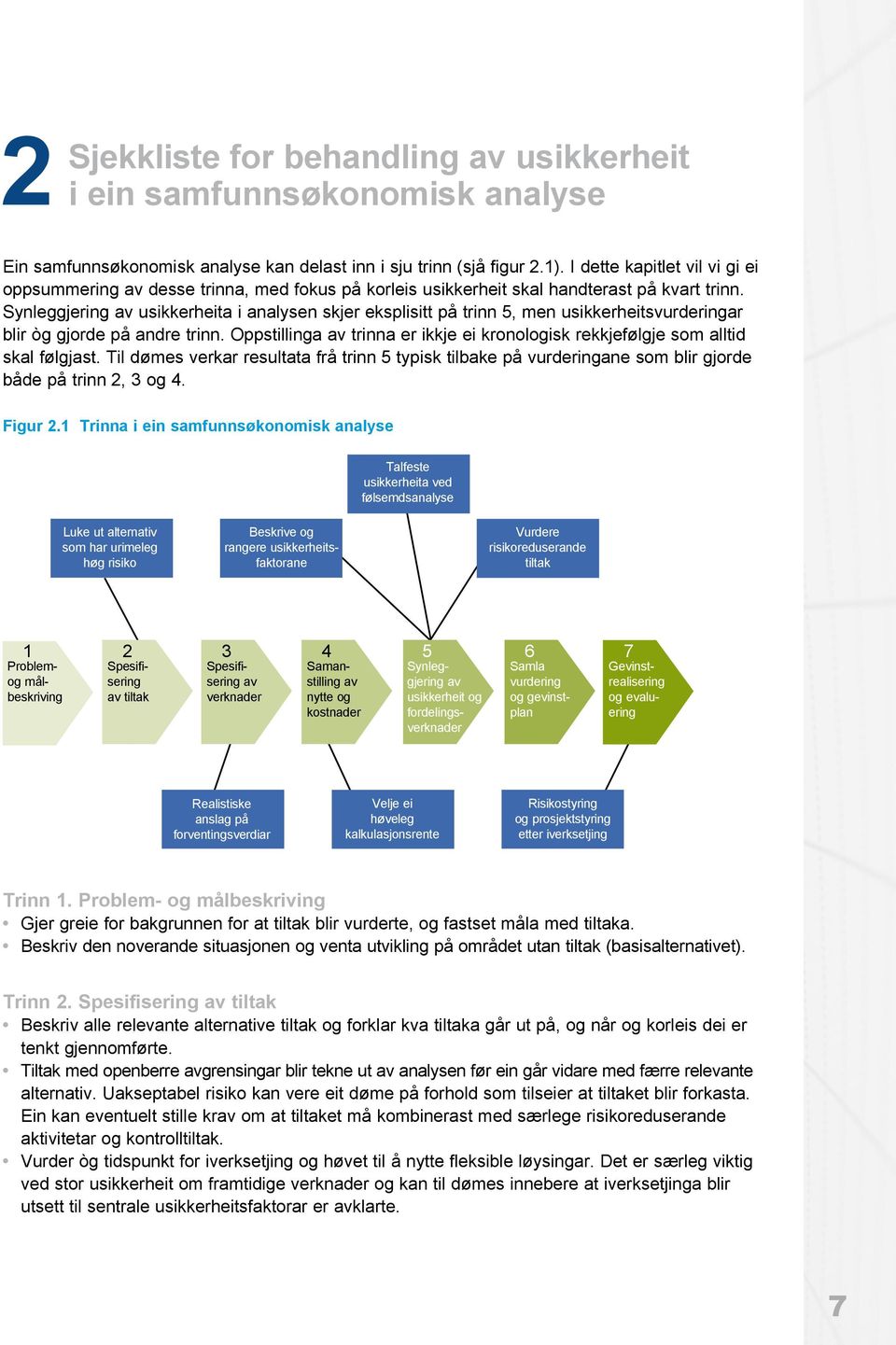 Synleggjering av usikkerheita i analysen skjer eksplisitt på trinn 5, men usikkerheitsvurderingar blir òg gjorde på andre trinn.