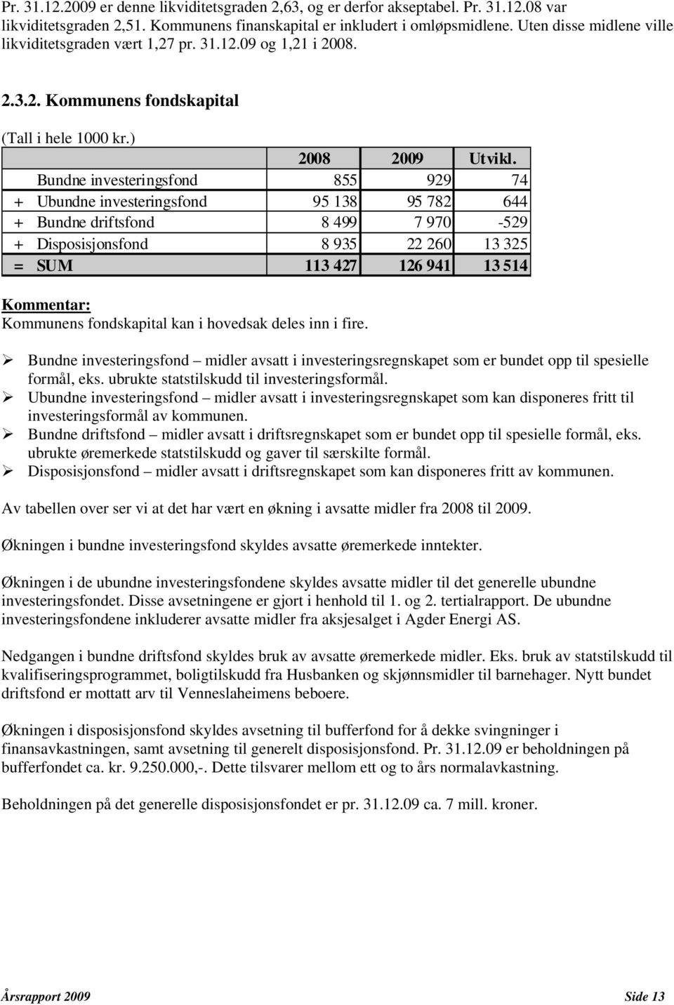 Bundne investeringsfond 855 929 74 + Ubundne investeringsfond 95 138 95 782 644 + Bundne driftsfond 8 499 7 970-529 + Disposisjonsfond 8 935 22 260 13 325 = SUM 113 427 126 941 13 514 Kommentar: