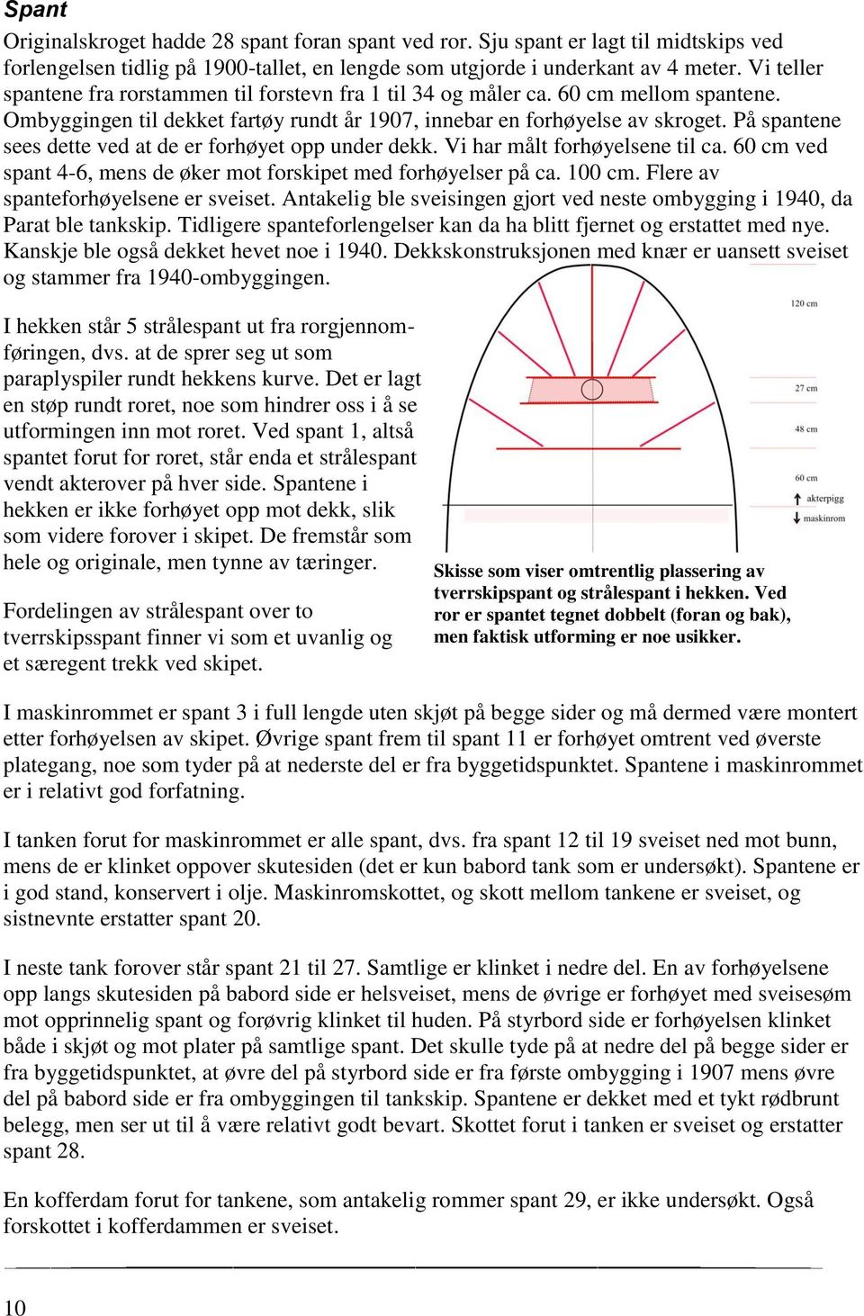 På spantene sees dette ved at de er forhøyet opp under dekk. Vi har målt forhøyelsene til ca. 60 cm ved spant 4-6, mens de øker mot forskipet med forhøyelser på ca. 100 cm.