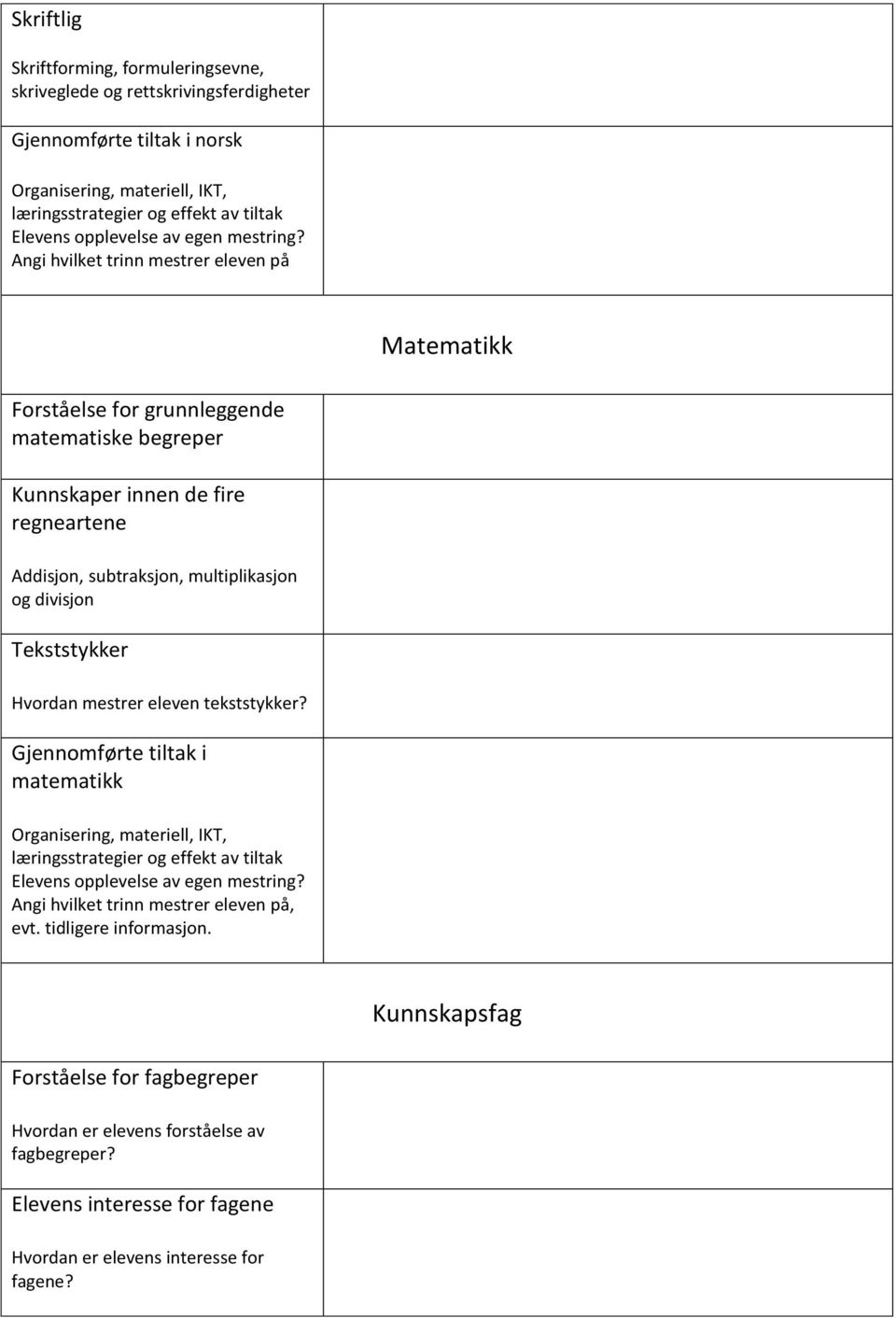 divisjon Tekststykker Hvordan mestrer eleven tekststykker? Gjennomførte tiltak i matematikk, evt. tidligere informasjon.