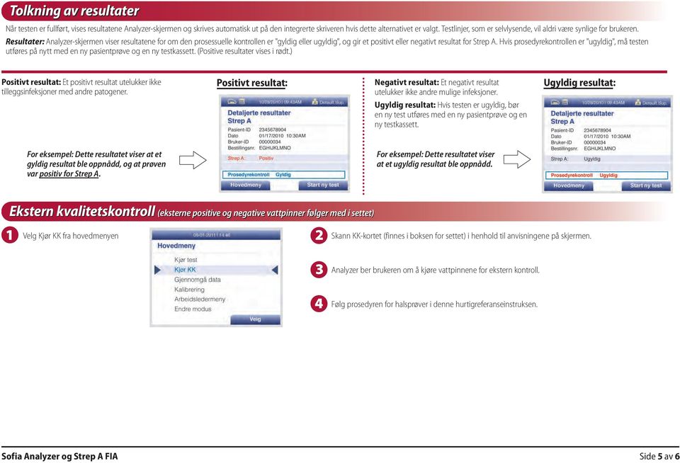 Resultater: Analyzer-skjermen viser resultatene for om den prosessuelle kontrollen er "gyldig eller ugyldig", og gir et positivt eller negativt resultat for Strep A.