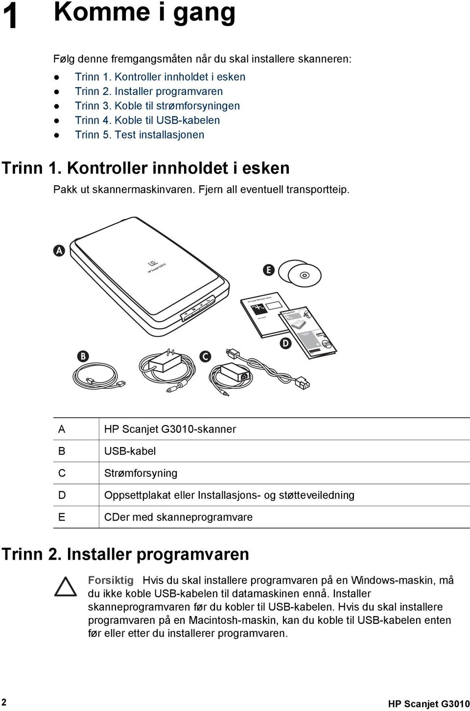 A E B C D A B C D E HP Scanjet G3010-skanner USB-kabel Strømforsyning Oppsettplakat eller Installasjons- og støtteveiledning CDer med skanneprogramvare Trinn 2.