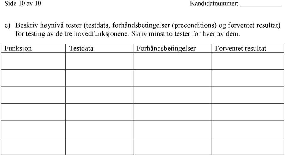 for testing av de tre hovedfunksjonene.