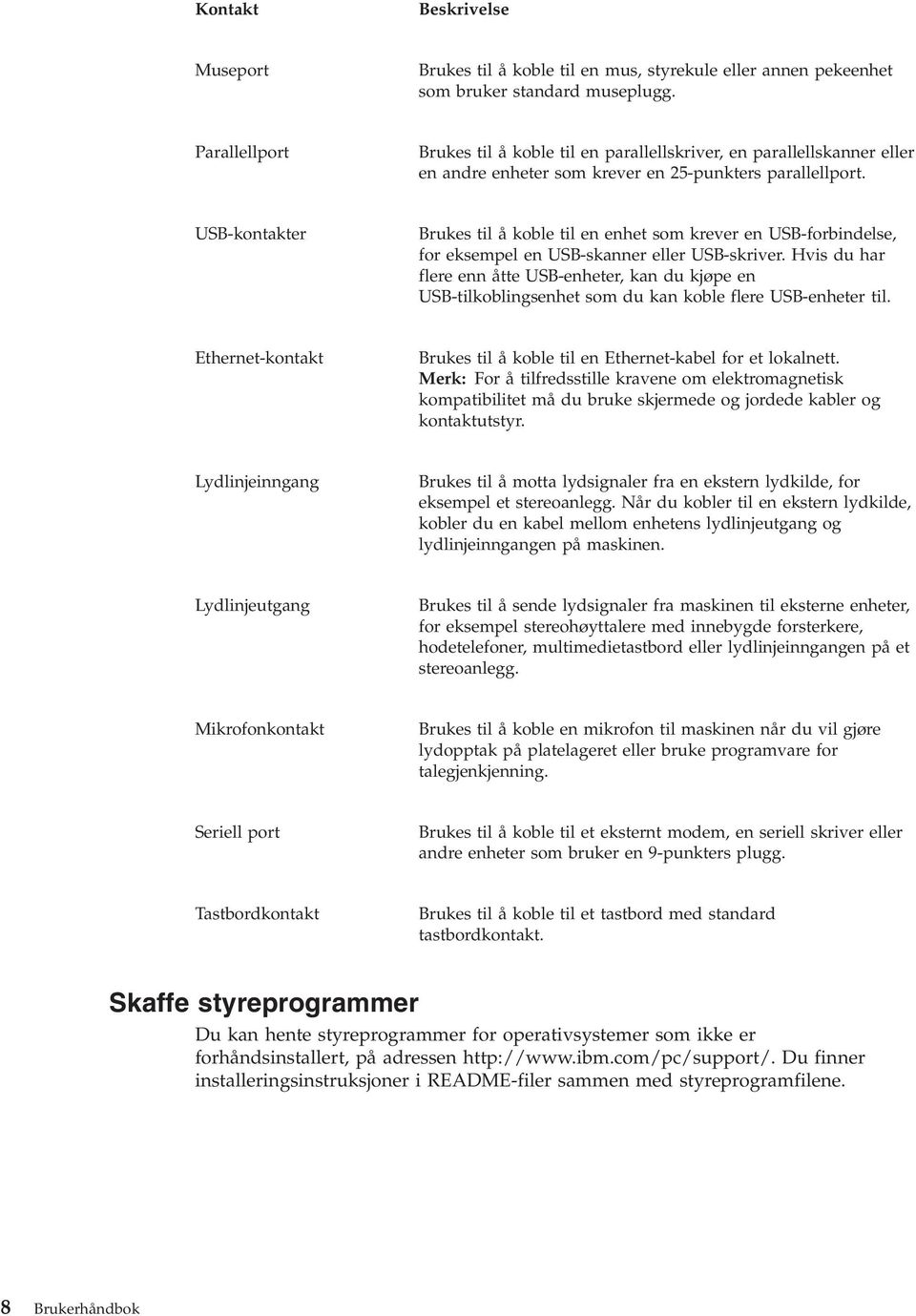 USB-kontakter Brukes til å koble til en enhet som krever en USB-forbindelse, for eksempel en USB-skanner eller USB-skriver.