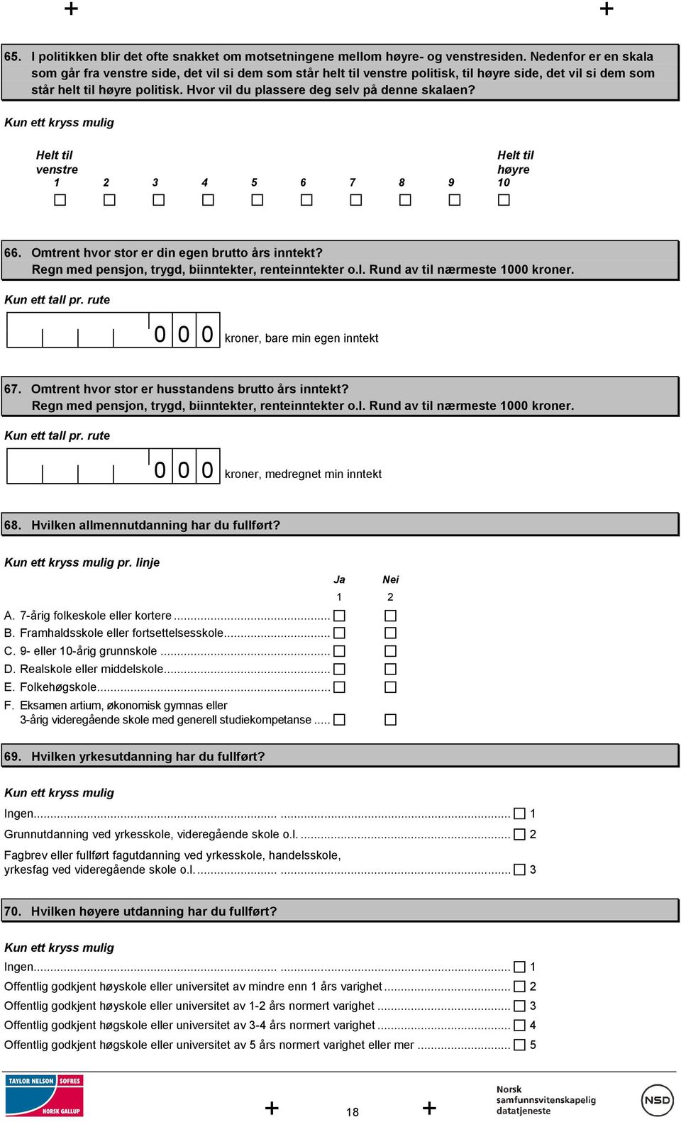 Hvor vil du plassere deg selv på denne skalaen? Helt til Helt til venstre høyre 1 2 3 4 5 6 7 8 9 10 66. Omtrent hvor stor er din egen brutto års inntekt?