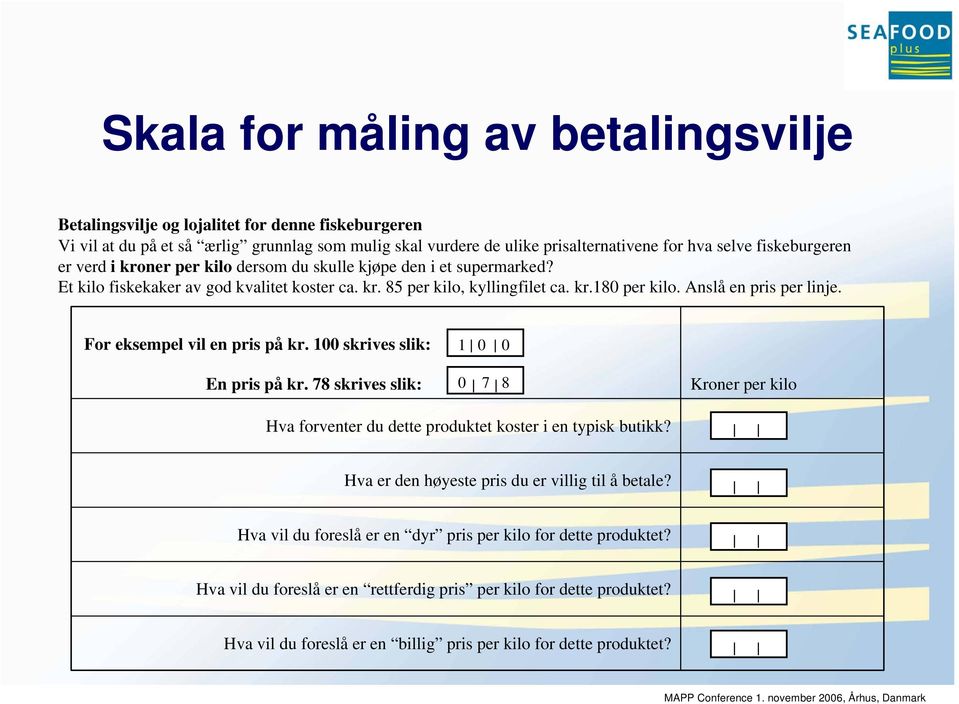 Anslå en pris per linje. For eksempel vil en pris på kr. 100 skrives slik: En pris på kr. 78 skrives slik: 1 0 0 0 7 8 Kroner per kilo Hva forventer du dette produktet koster i en typisk butikk?