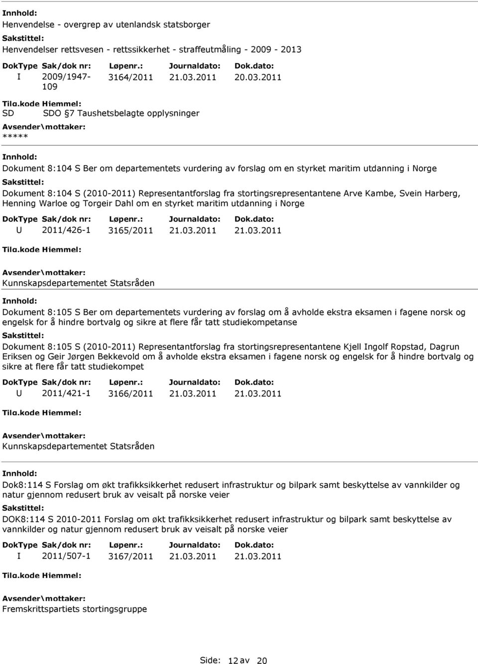 stortingsrepresentantene Arve Kambe, Svein Harberg, Henning Warloe og Torgeir Dahl om en styrket maritim utdanning i Norge 2011/426-1 3165/2011 Kunnskapsdepartementet Statsråden Dokument 8:105 S Ber