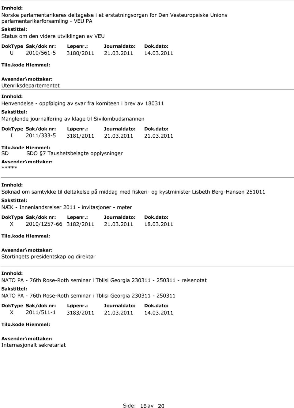 Søknad om samtykke til deltakelse på middag med fiskeri- og kystminister Lisbeth Berg-Hansen 251011 NÆK - nnenlandsreiser 2011 - invitasjoner - møter X 2010/1257-66 3182/2011 Stortingets