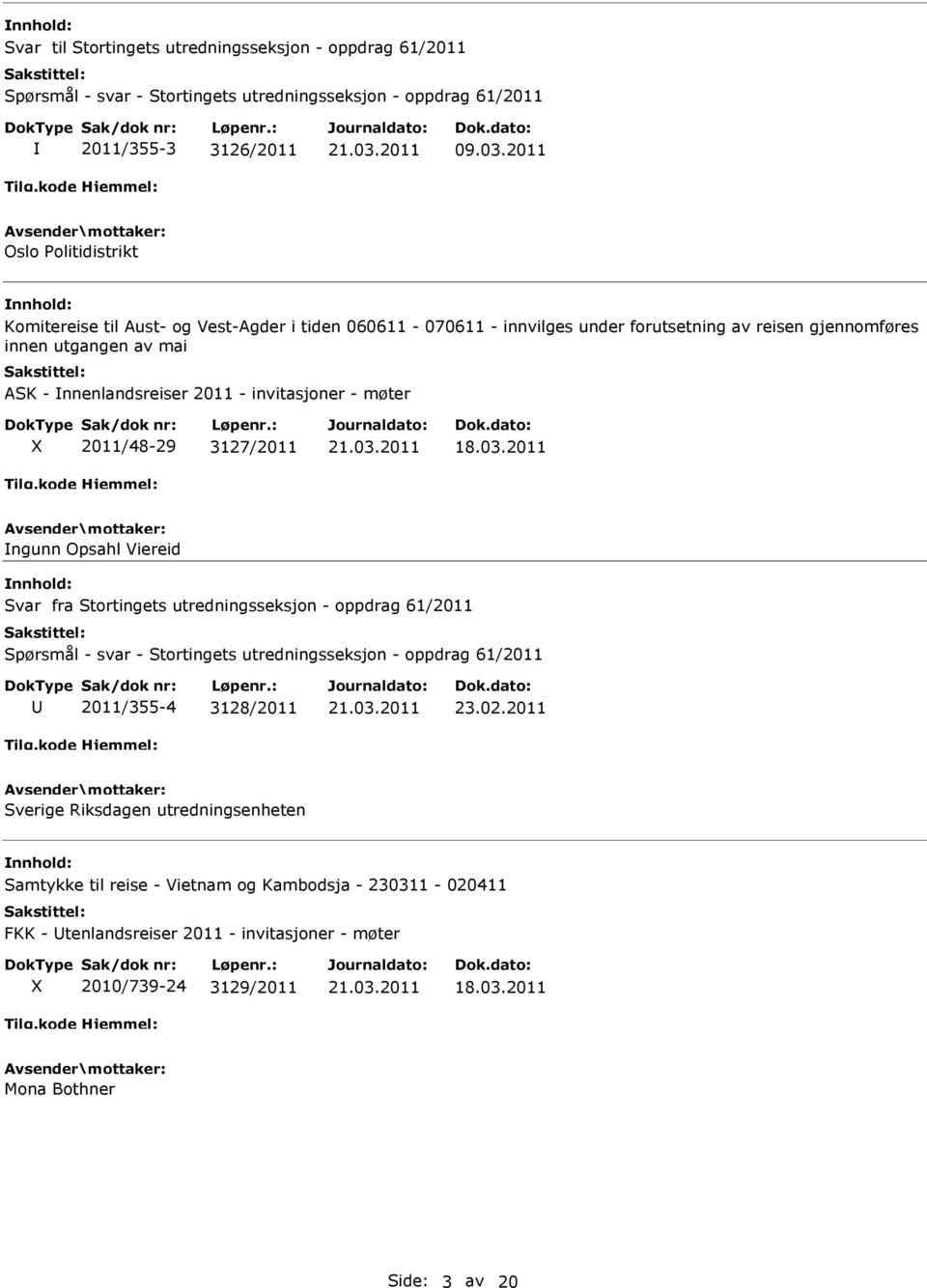 invitasjoner - møter X 2011/48-29 3127/2011 ngunn Opsahl Viereid Svar fra Stortingets utredningsseksjon - oppdrag 61/2011 Spørsmål - svar - Stortingets utredningsseksjon - oppdrag 61/2011