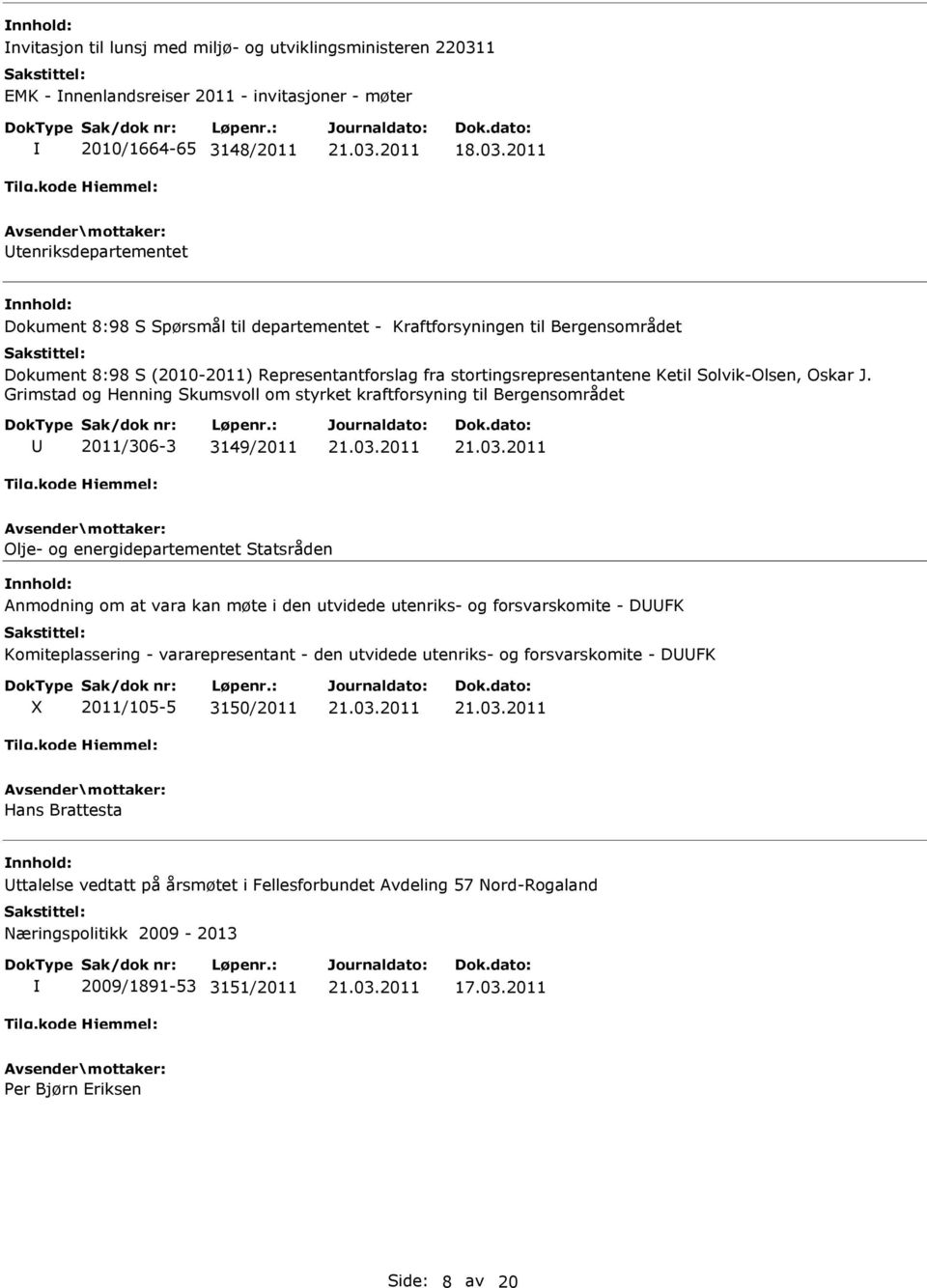 Grimstad og Henning Skumsvoll om styrket kraftforsyning til Bergensområdet 2011/306-3 3149/2011 Olje- og energidepartementet Statsråden Anmodning om at vara kan møte i den utvidede utenriks- og