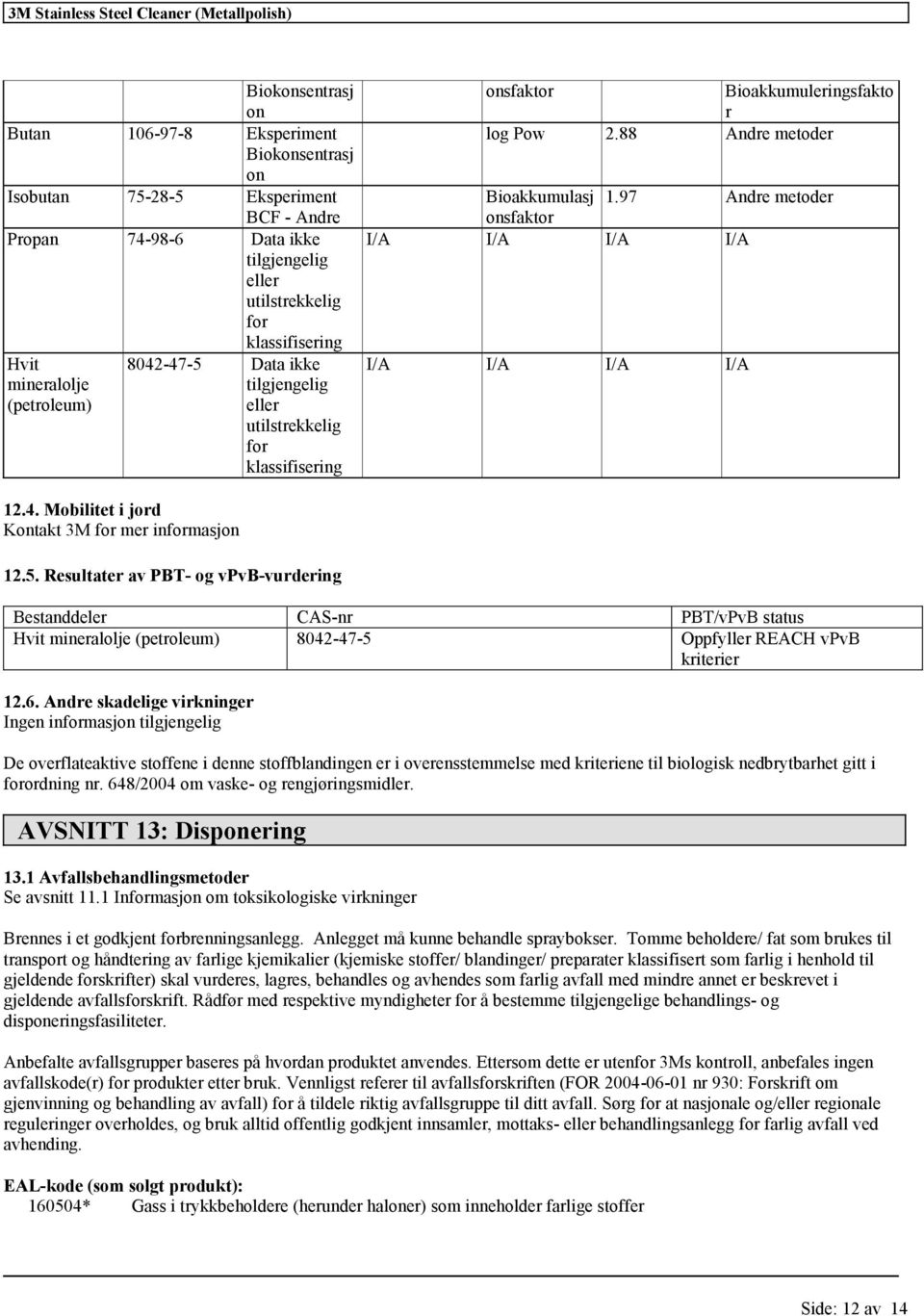 Mobilitet i jord Kontakt 3M for mer informasjon 12.5. Resultater av PBT- og vpvb-vurdering Bestanddeler CAS-nr PBT/vPvB status Hvit mineralolje (petroleum) 8042-47-5 Oppfyller REACH vpvb kriterier 12.