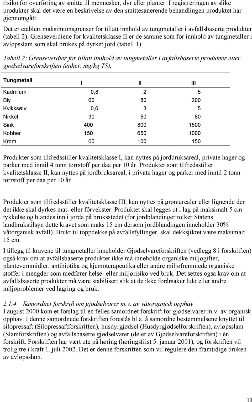 Grenseverdiene for kvalitetsklasse II er de samme som for innhold av tungmetaller i avløpsslam som skal brukes på dyrket jord (tabell 1).