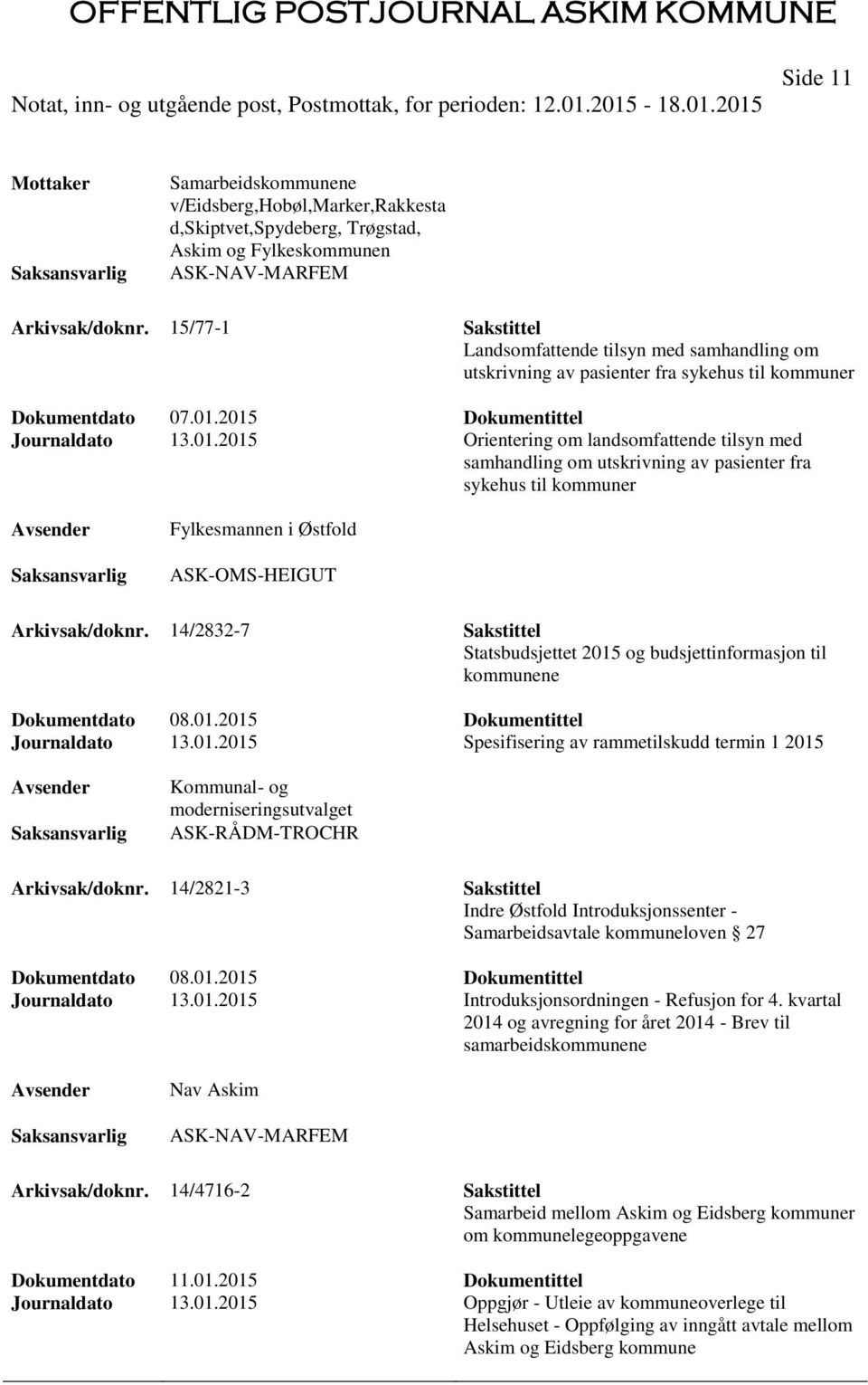 2015 Dokumentittel Journaldato 13.01.2015 Orientering om landsomfattende tilsyn med samhandling om utskrivning av pasienter fra sykehus til kommuner Fylkesmannen i Østfold ASK-OMS-HEIGUT Arkivsak/doknr.