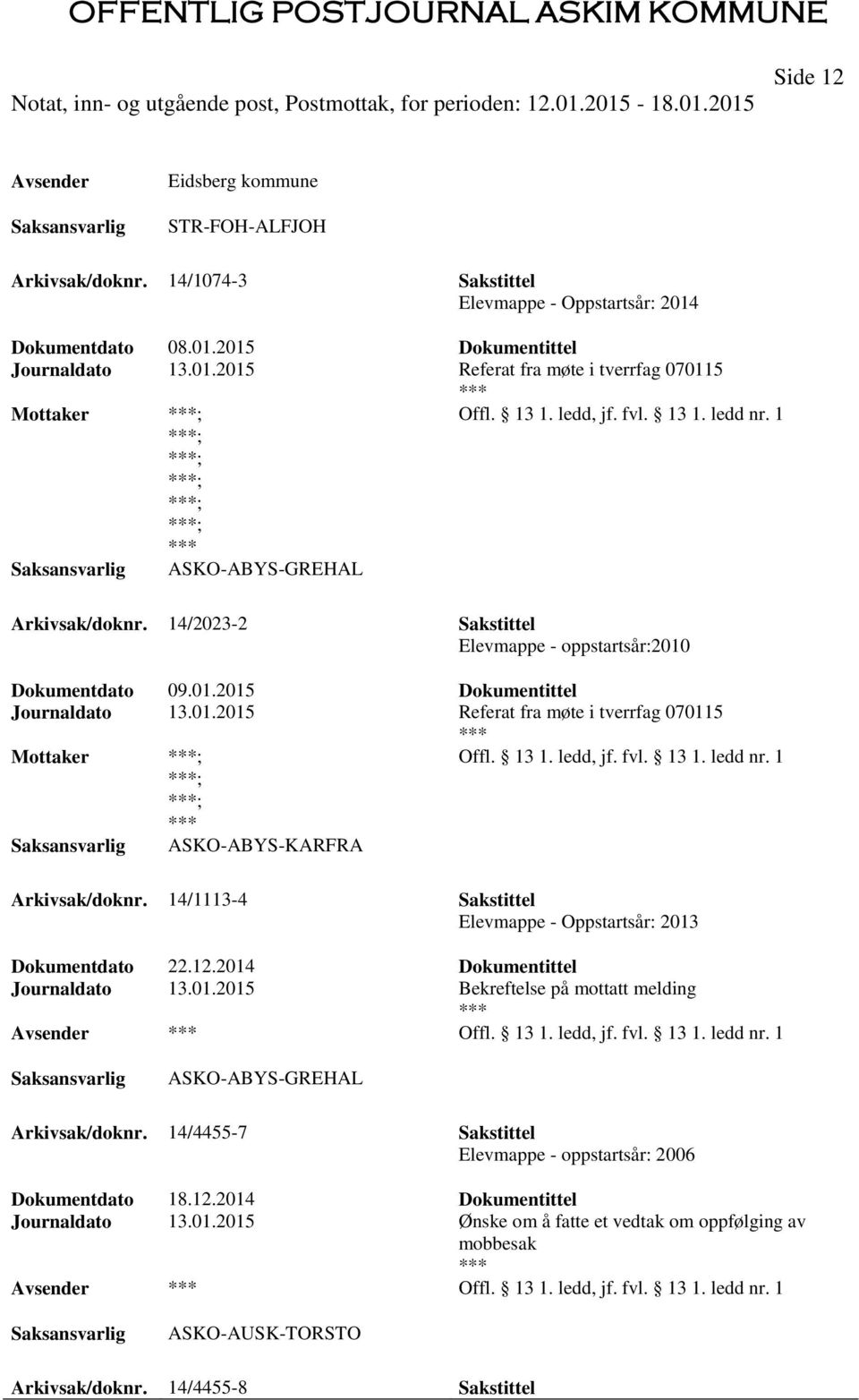 13 1. ledd, jf. fvl. 13 1. ledd nr. 1 ; ; ASKO-ABYS-KARFRA Arkivsak/doknr. 14/1113-4 Sakstittel Elevmappe - Oppstartsår: 2013 Dokumentdato 22.12.2014 Dokumentittel Journaldato 13.01.2015 Bekreftelse på mottatt melding Offl.