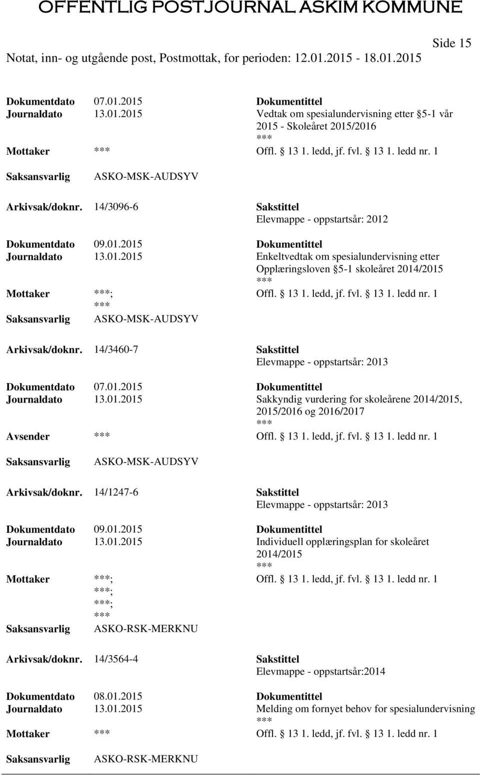 13 1. ledd, jf. fvl. 13 1. ledd nr. 1 ASKO-MSK-AUDSYV Arkivsak/doknr. 14/3460-7 Sakstittel Elevmappe - oppstartsår: 2013 Dokumentdato 07.01.2015 Dokumentittel Journaldato 13.01.2015 Sakkyndig vurdering for skoleårene 2014/2015, 2015/2016 og 2016/2017 Offl.