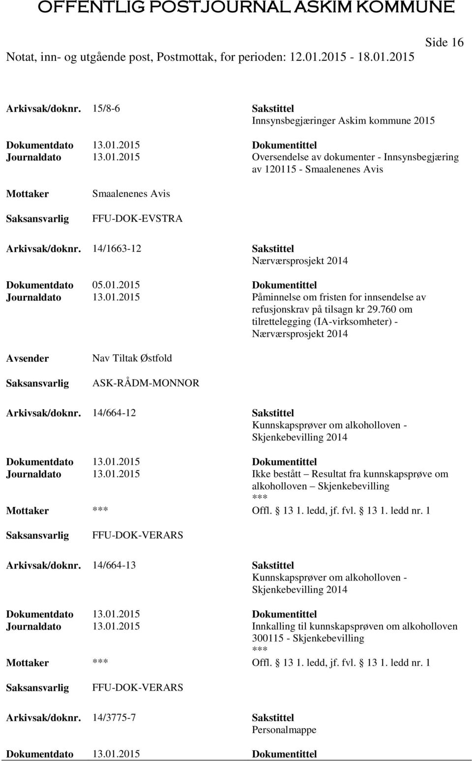 14/1663-12 Sakstittel Nærværsprosjekt 2014 Dokumentdato 05.01.2015 Dokumentittel Journaldato 13.01.2015 Påminnelse om fristen for innsendelse av refusjonskrav på tilsagn kr 29.