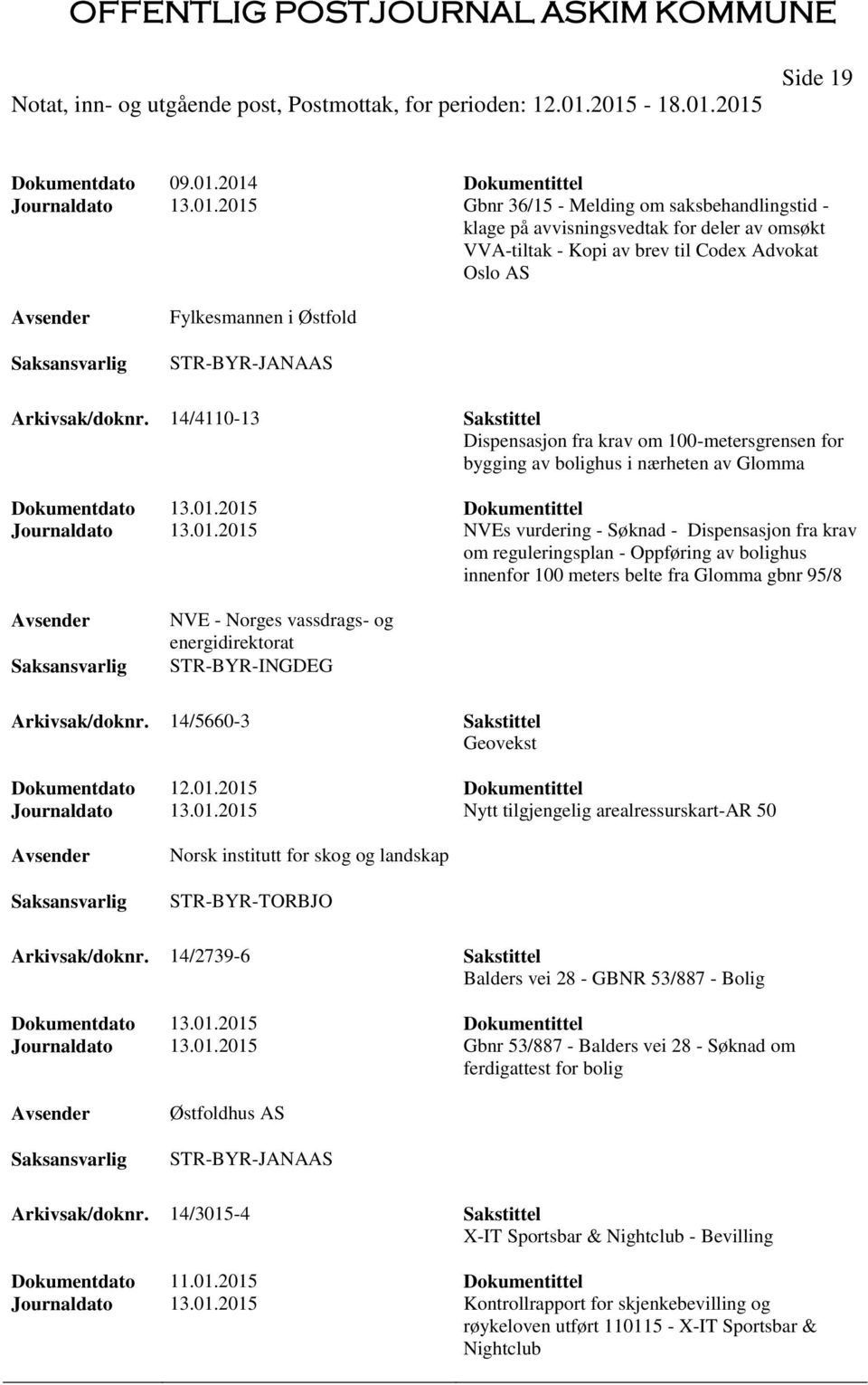 Østfold STR-BYR-JANAAS Arkivsak/doknr. 14/4110-13 Sakstittel Dispensasjon fra krav om 100-metersgrensen for bygging av bolighus i nærheten av Glomma Journaldato 13.01.